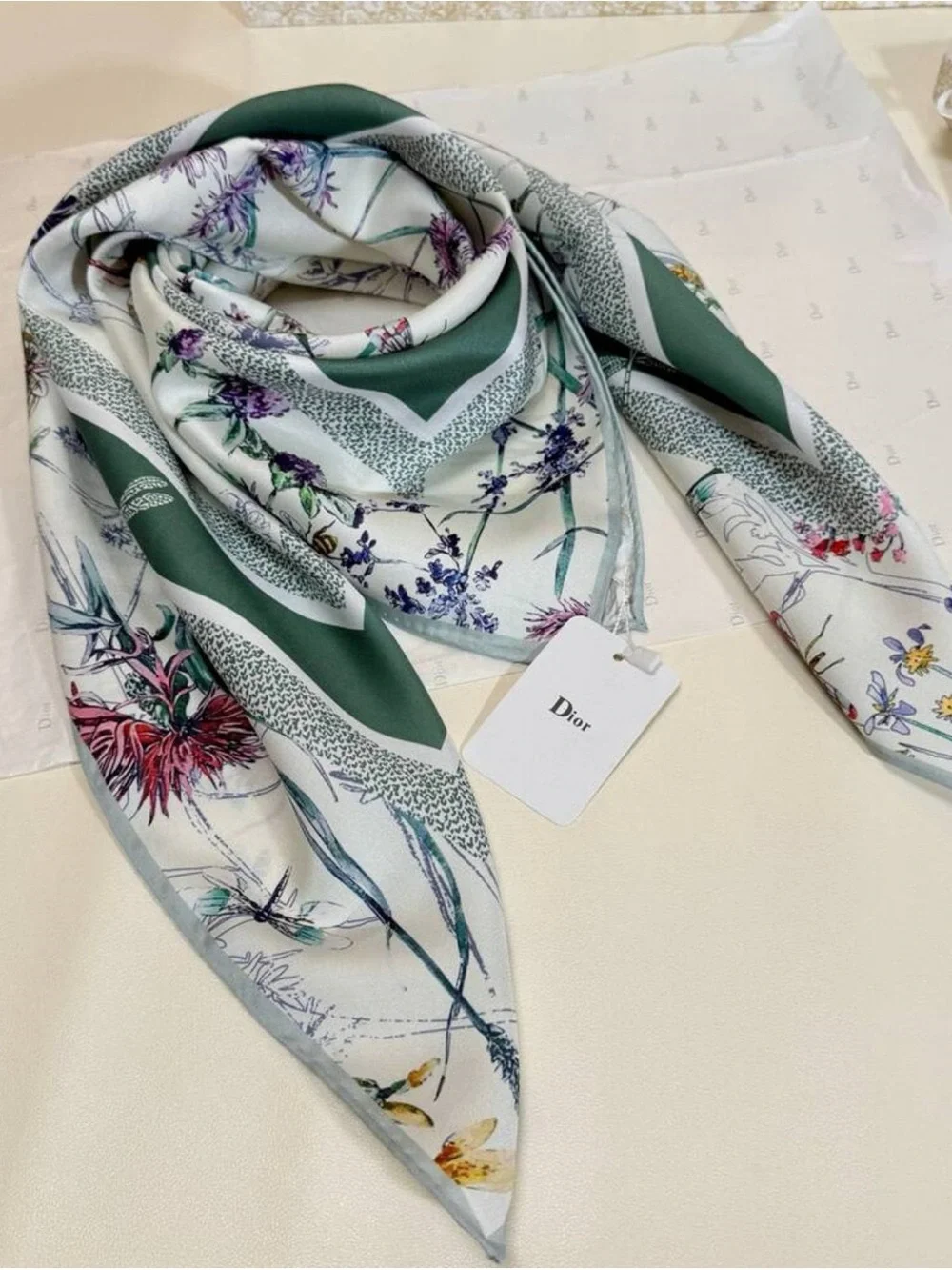 Dior Botanical Silk Scarf in Green, White and Purple Accents